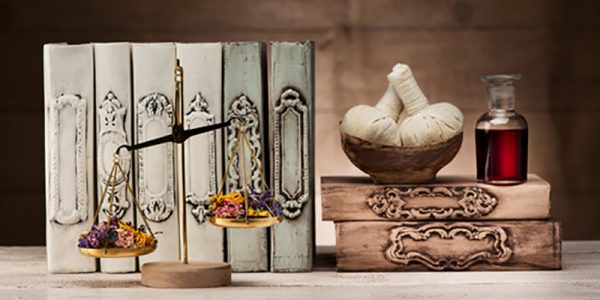 herbal medicine concept. Body care. Scales with dried herbs, her